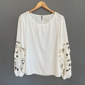 JOIE Women's Size Large Ivory Loose Balloon Cut Out Sleeve Pop Over Blouse